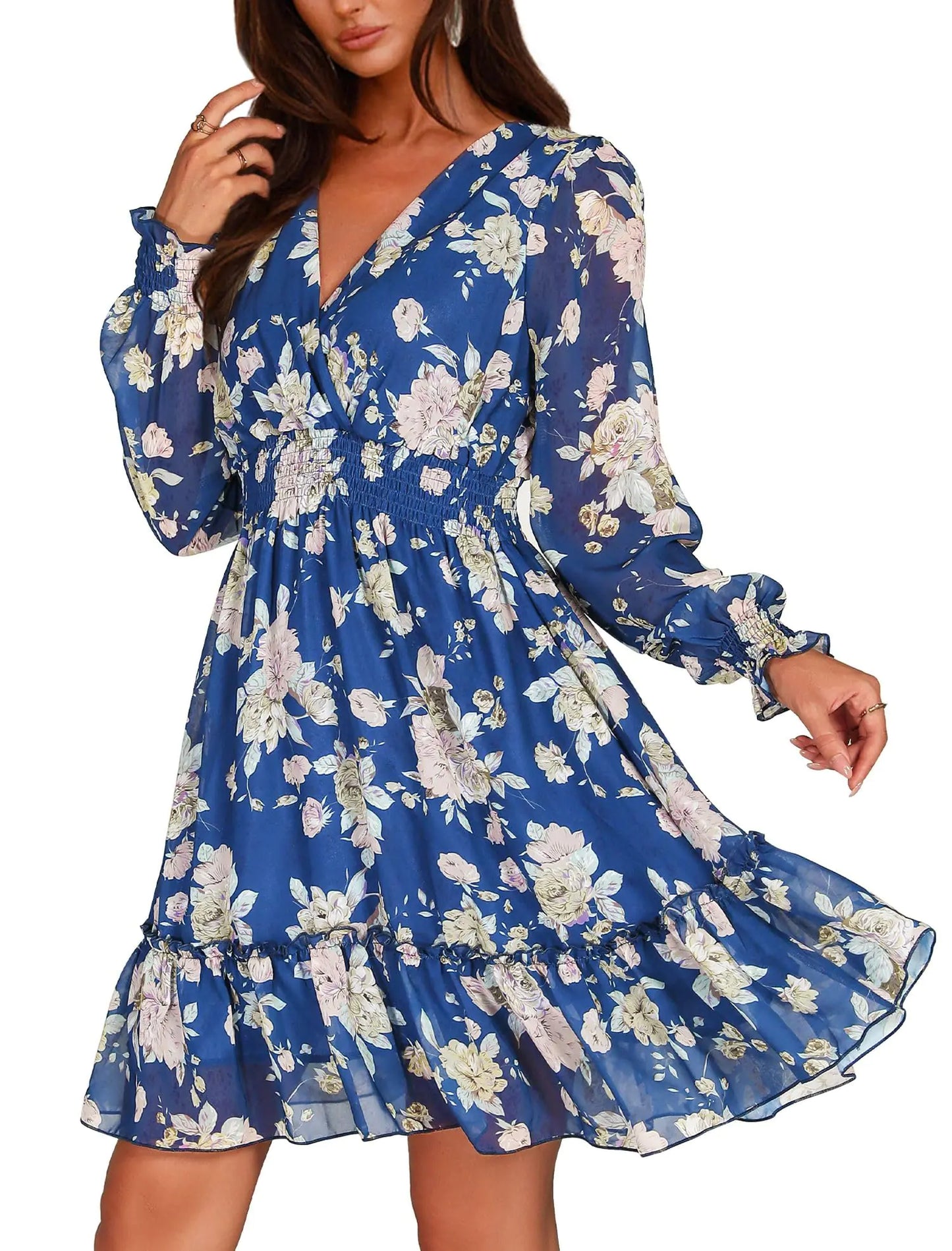 Prettywear Womens Floral Chiffon Long Sleeve Mini Dresses 2024 Spring Summer Casual Flowy Wrap V Neck A-Line Ruffle Wedding Guest Dress