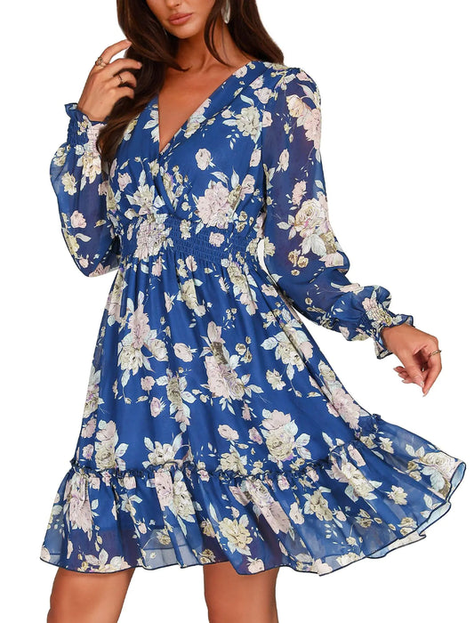 Prettywear Womens Floral Chiffon Long Sleeve Mini Dresses 2024 Spring Summer Casual Flowy Wrap V Neck A-Line Ruffle Wedding Guest Dress