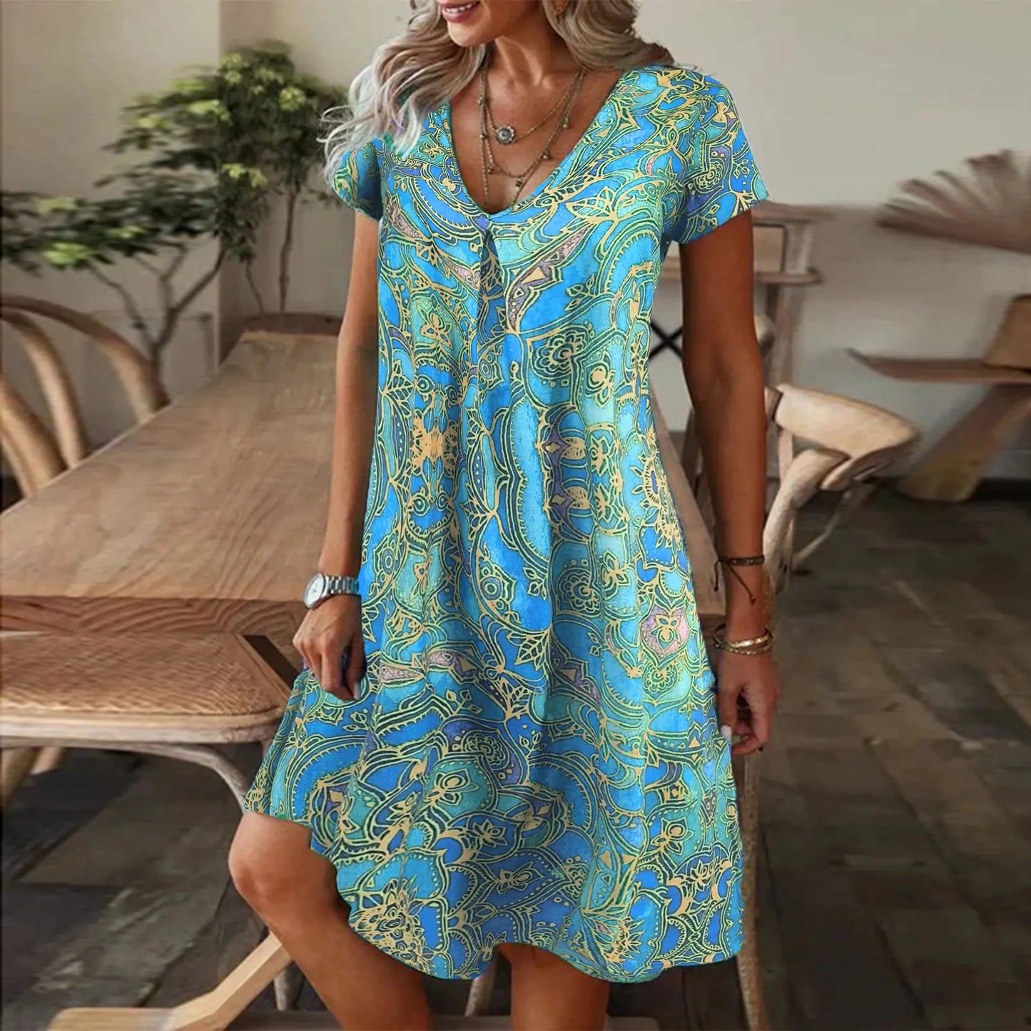 2023 Summer Women's Casual V-Neck Printed Dress