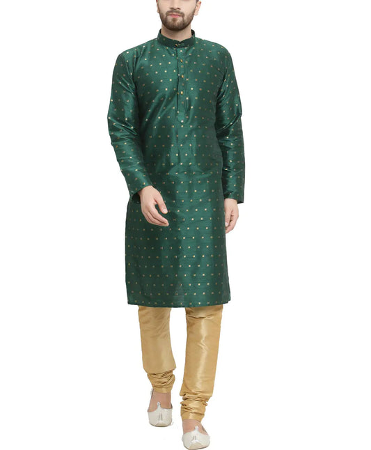 Sojanya St Patricks Day (Since 1958) Mens Silk Blend Dark Green Kurta & Gold Churidar Pyjama Set Size: 44