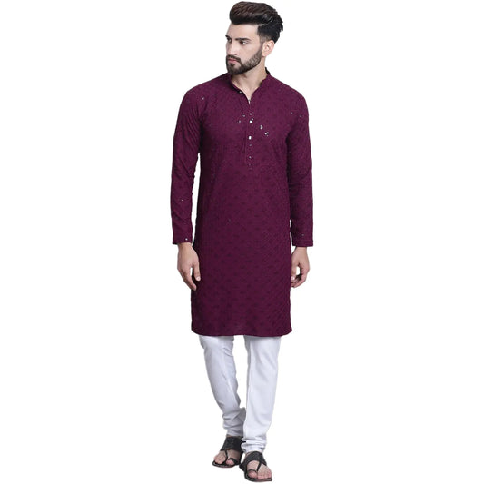 Sojanya (Since 1958 Mens Pure Cotton Purple Sequence Kurta & White Pyjama Set
