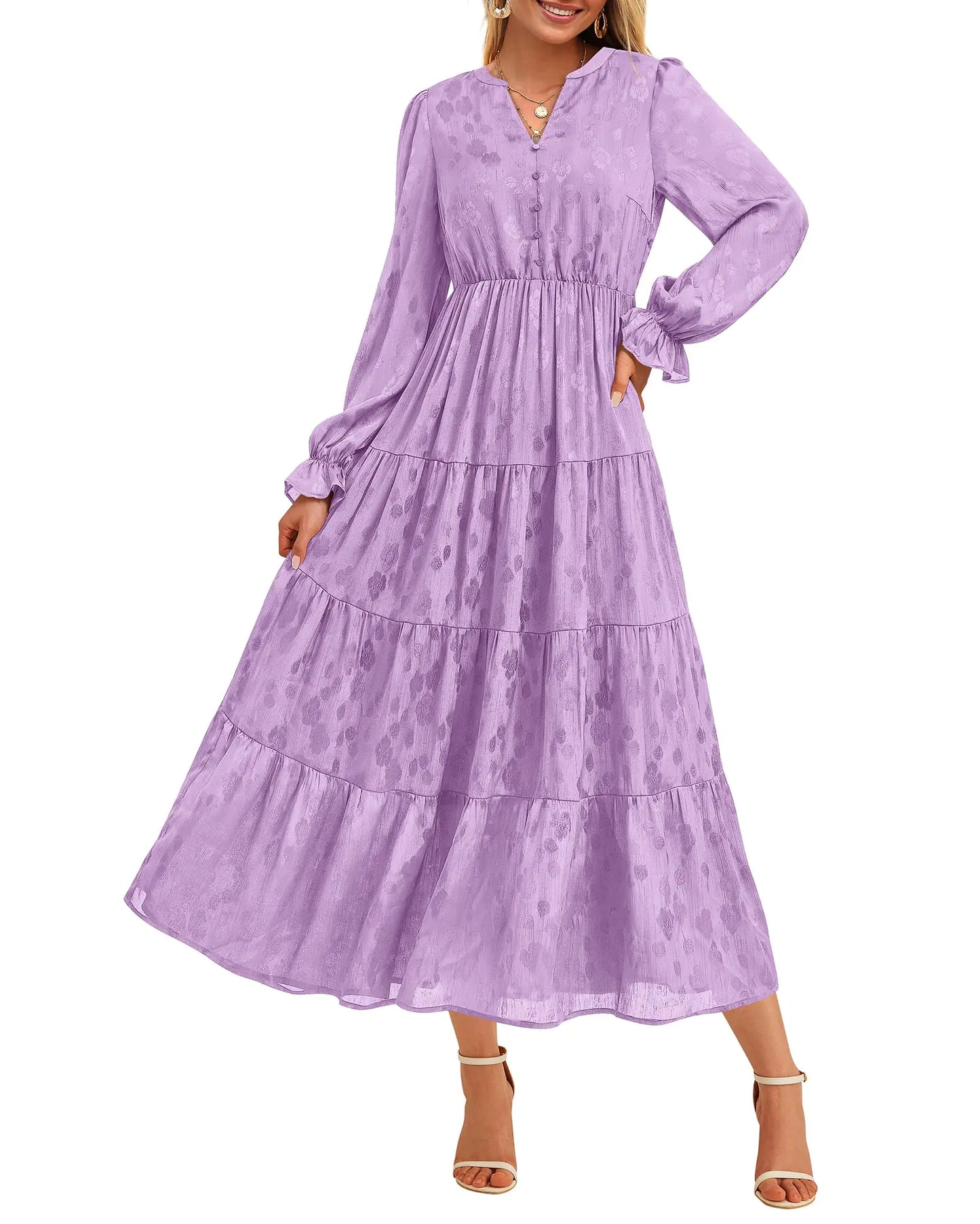 KIRUNDO Womens Fall Long Sleeve Maxi Dress Floral Elegant V Neck A Line Tiered Flowy Wedding Guest Cocktail Party Dress(Purple Large)