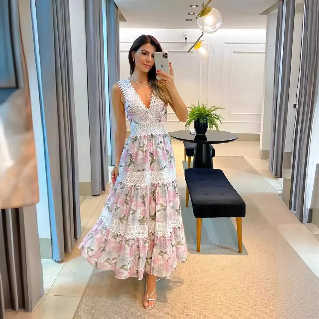 2023 Women's Sleeveless V-Neck Lace Maxi Dress
